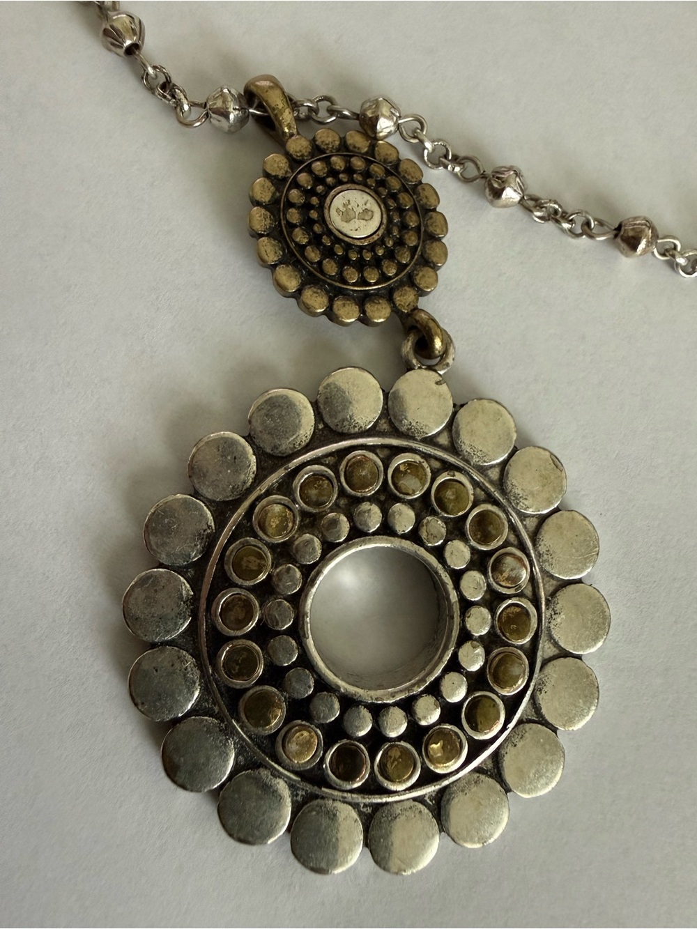 Vintage-Inspired Silver and Gold Tone Circular Pendant Necklace